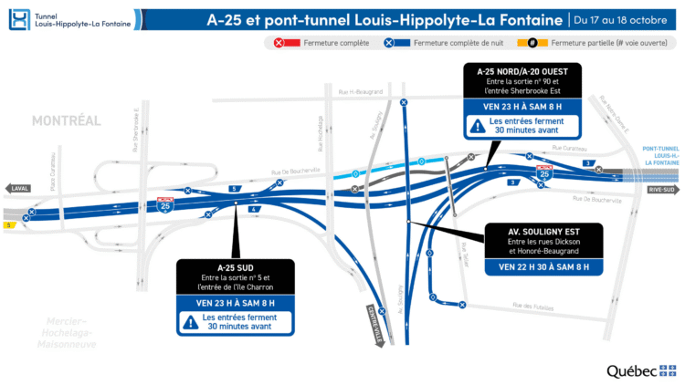Fermeture exceptionnelle du tunnel Louis-Hippolyte-La Fontaine : tout savoir sur l’entrave majeure du 17 au 18 octobre à Montréal